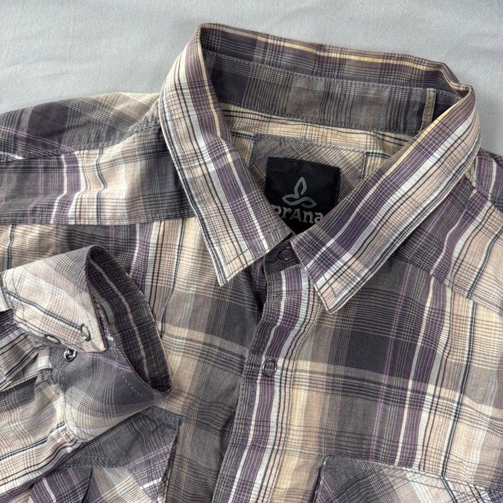 Prana Mens M Organic Cotton Plaid Snap Button Front Long Sleeve Shirt Grey